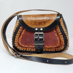 Hand Tooled Weaved Mayan Calendar Leather Crossbody Shoulder Bag